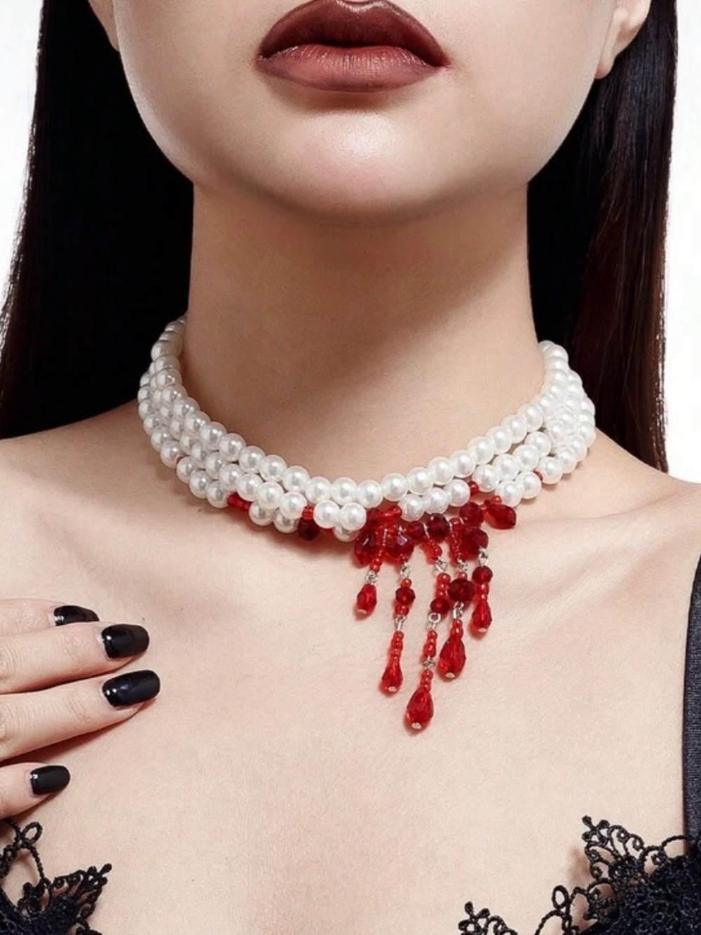 Pearl Choker Necklace with Red Crystal Drops
